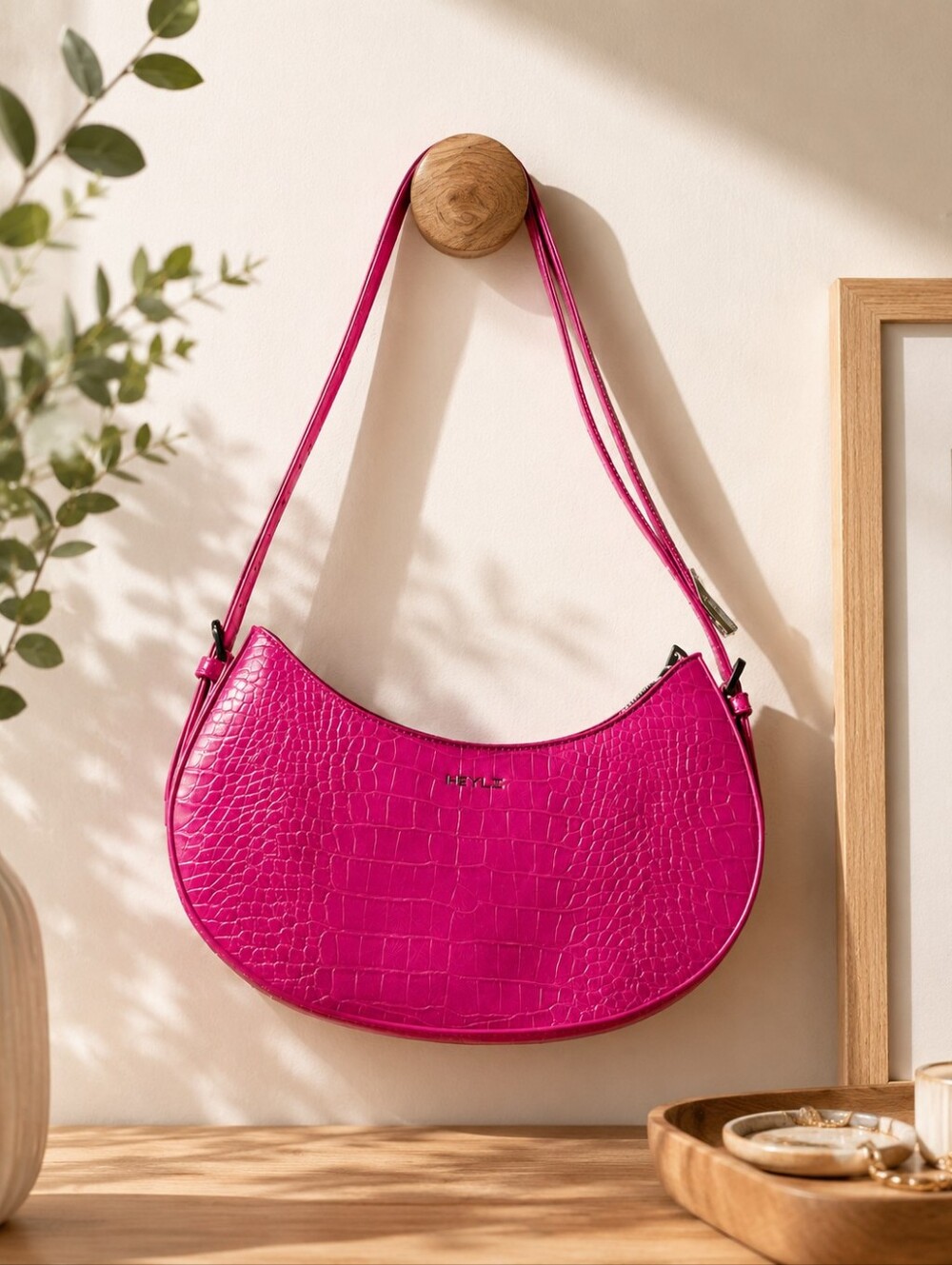 Keyli Vibrant Pink Croc-Embossed Shoulder Bag